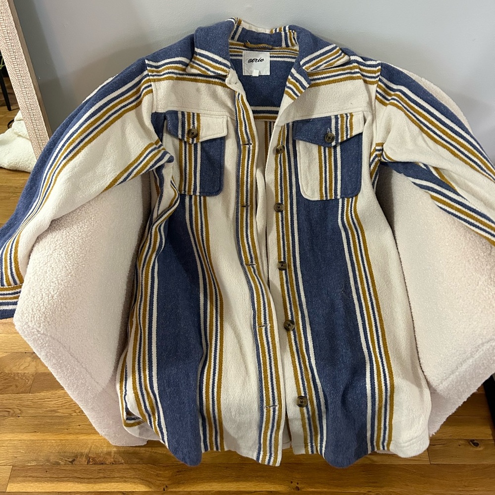 aerie Striped Button-Up Shacket in Navy, Cream & Mustard